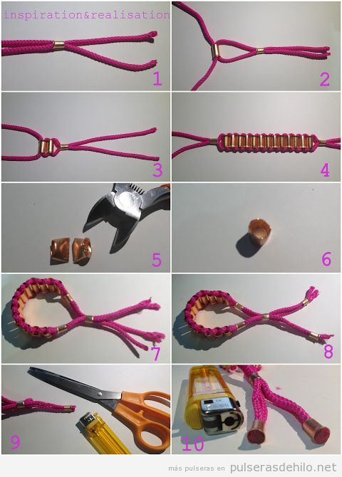 Pulsera de cuerdas de nudos y abalorios de metal, tutorial paso a paso