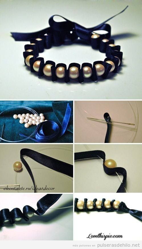 Pulsera hecha con cinta de raso y perlas, tutorial paso a paso